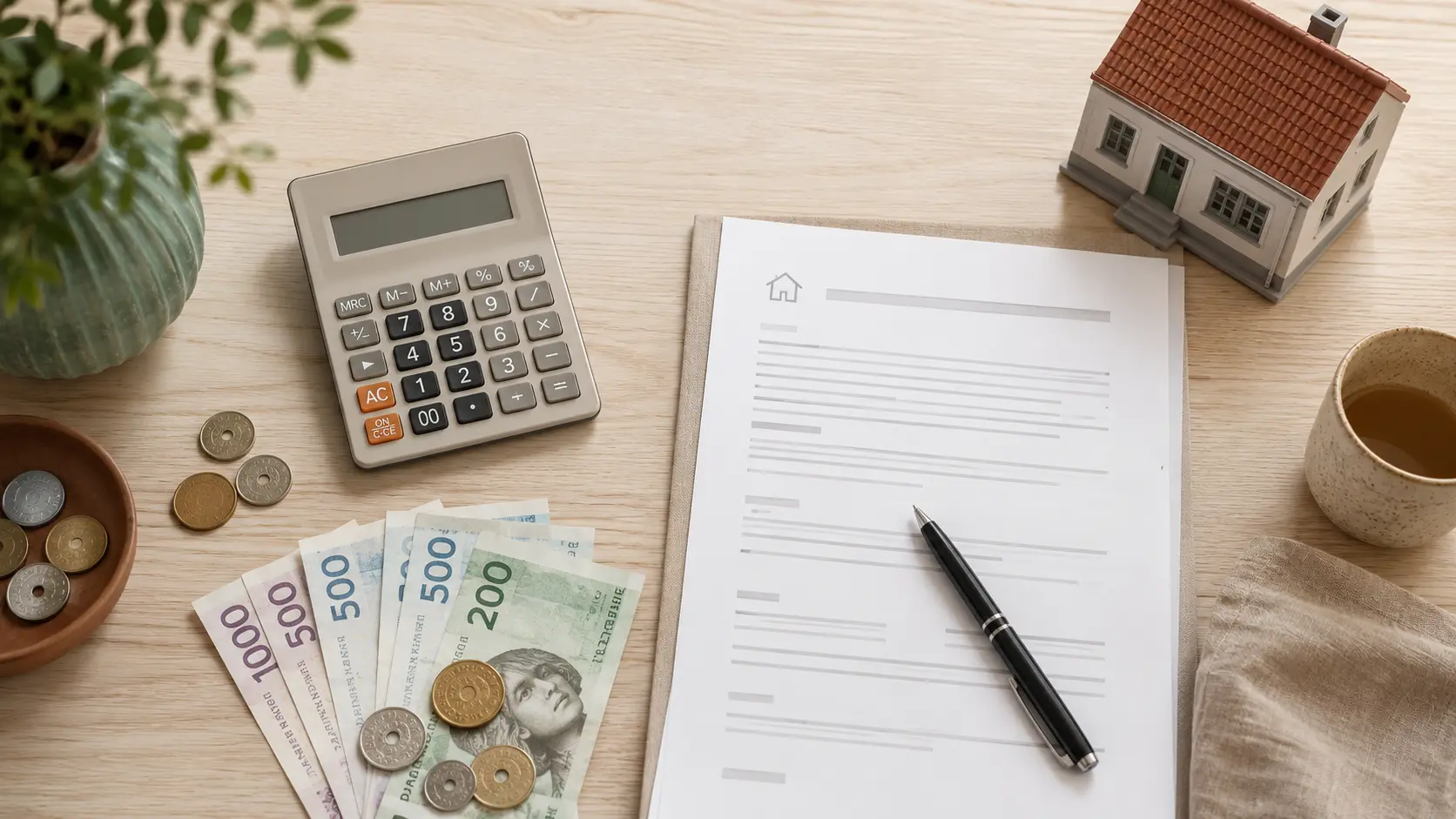 Lommeregner, danske kroner, lejekontrakt og et modelhus på et bord, der illustrerer beregning af depositum og forudbetalt leje ved udlejning.