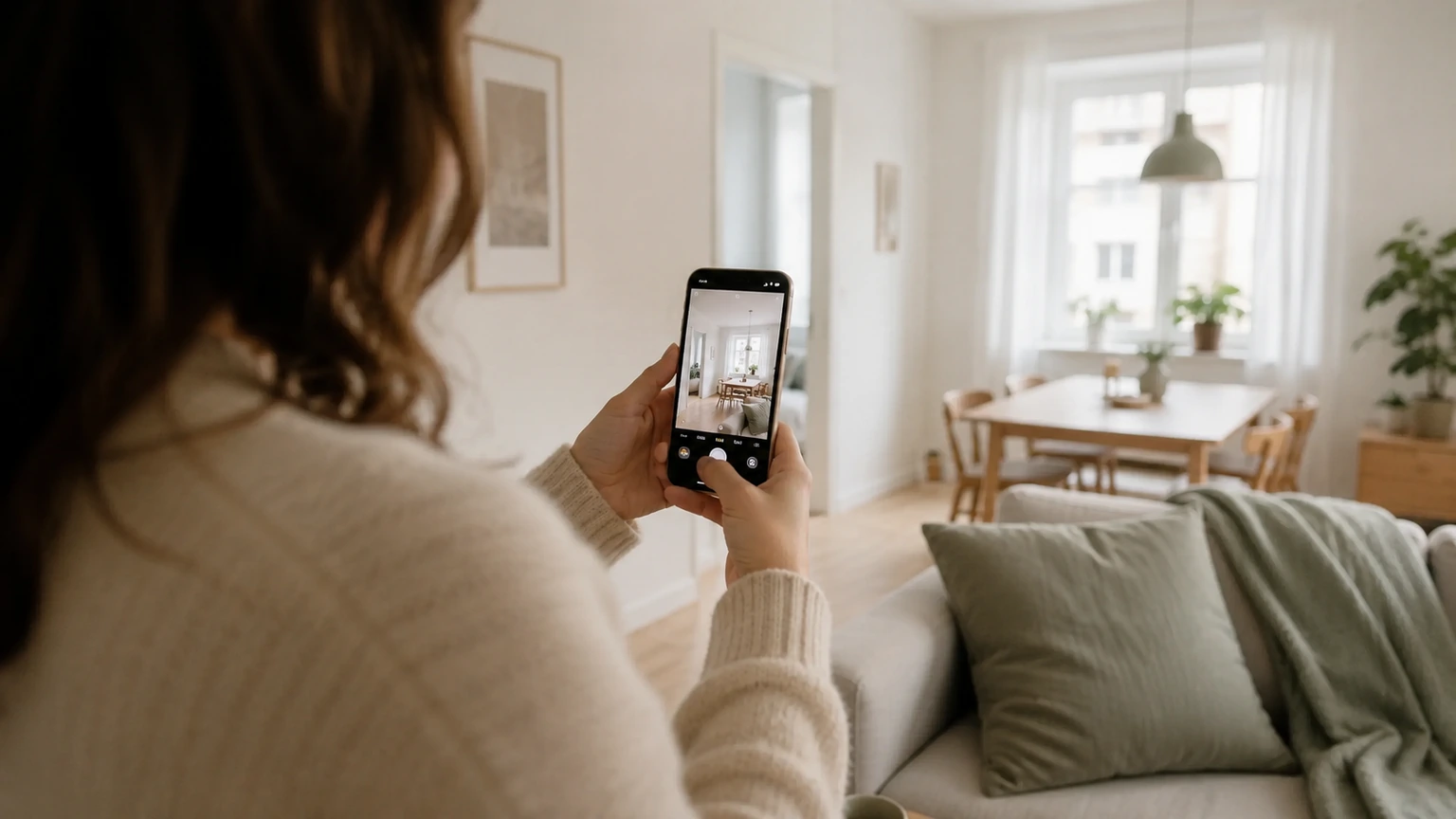 Person fotograferer en lys lejebolig med smartphone til brug i et opslag på sociale medier.