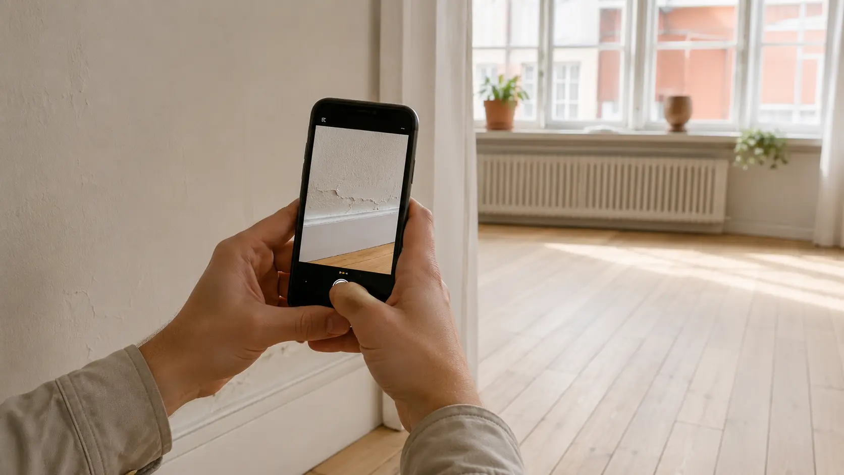 Hænder fotograferer en revne i væggen med en smartphone under et fraflytningssyn, som dokumentation af boligens stand.