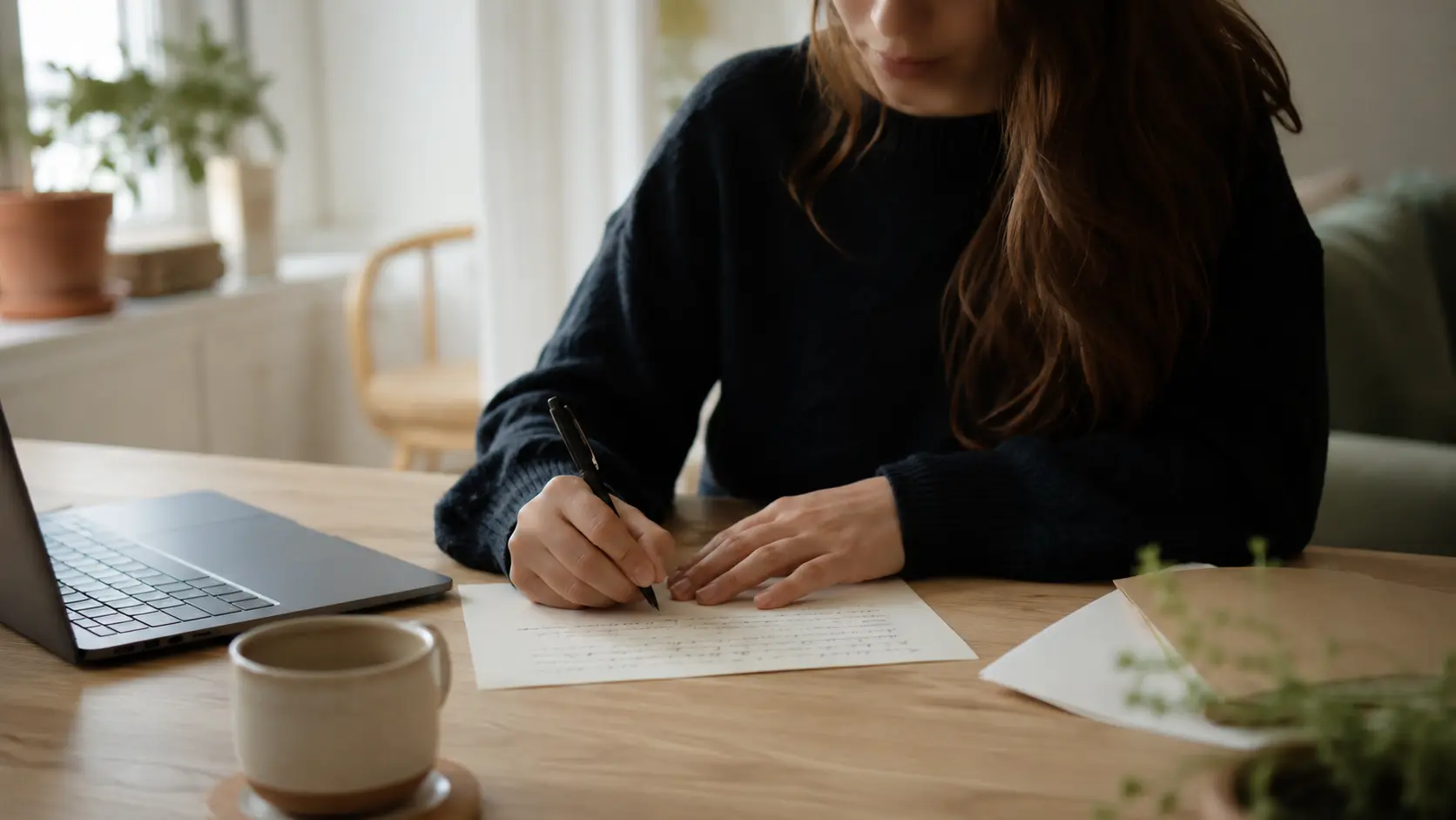 Person skriver en skriftlig opsigelse af et lejemål i hånden ved et skrivebord med bærbar computer.