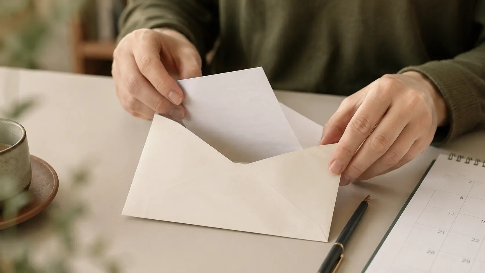 Hænder lægger en formel opsigelse i en kuvert ved siden af en kalender og en pen.