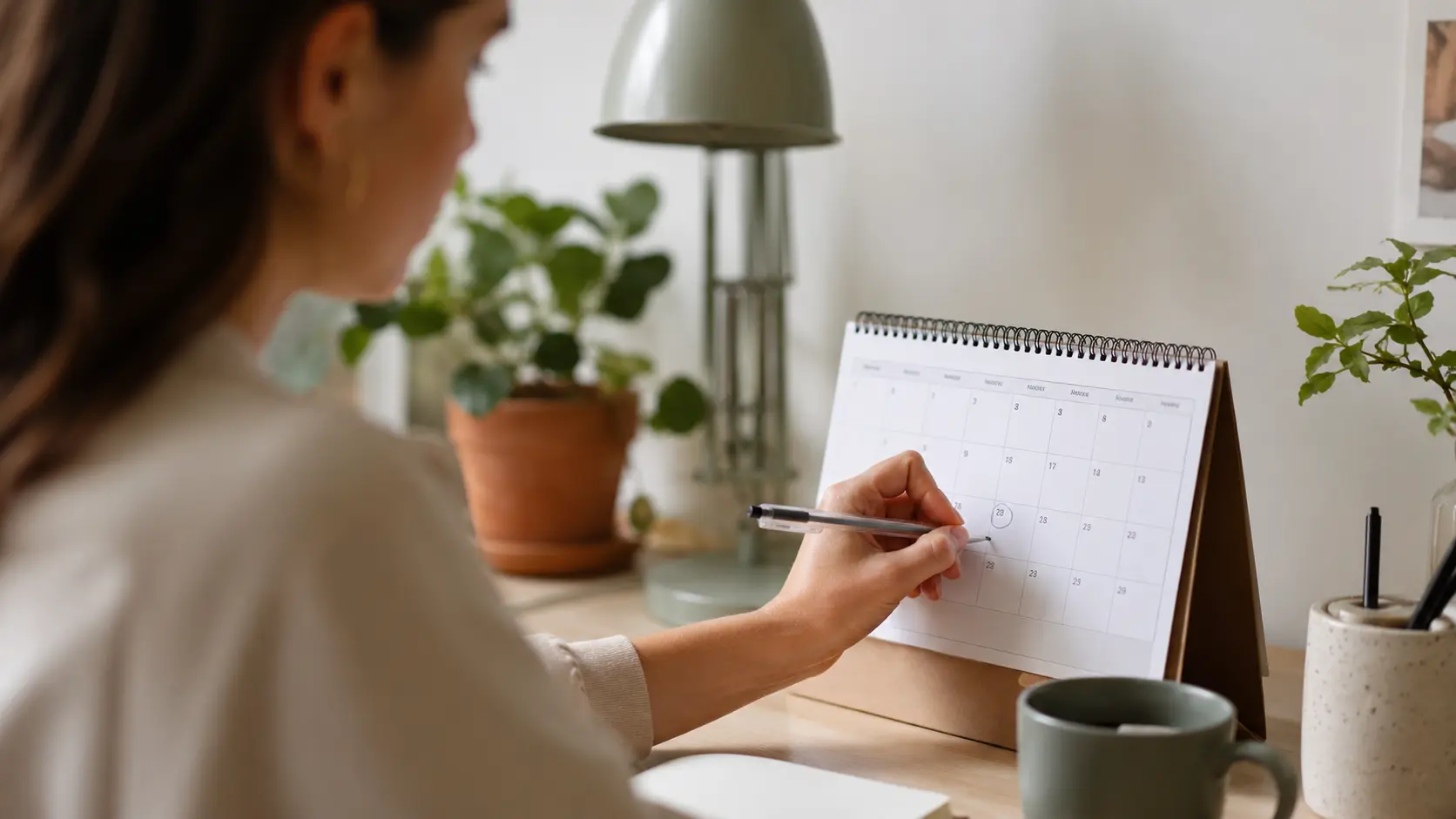 Person markerer en dato på en kalender for at holde styr på varsel og frist ved opsigelse af lejemål.